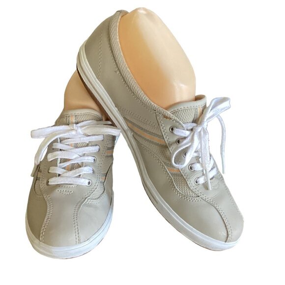 Keds Leather Lace-Up Oxford Sneaker Contrast Stripe 7.5 Stone/Taupe Beige 144T - Picture 1 of 9